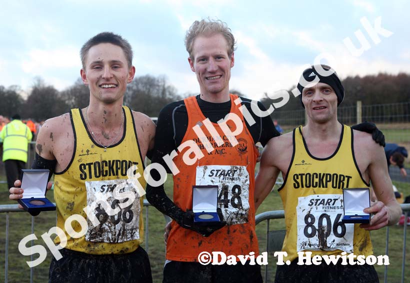 First three: 3rd Jack Martin (Stockport), winner Dan Garbutt (Durham City) and 2nd Andrew Jones (Stockport) in the senior mens Northern Cross Country Champs, Knowsley Safari Park. Photo: David T. Hewitson/Sports for All Pics